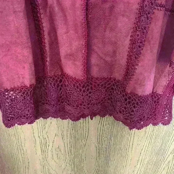 Vintage 1990s Burgundy Suede Crochet Lace
Trim Patchwork Button Up long Jacket - Picture 6 of 7